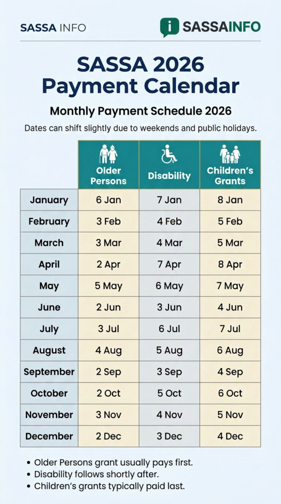 Sassa 2026 Payment Calendar